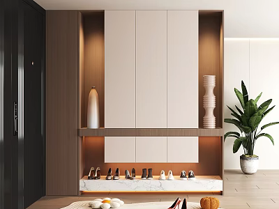 Modern Wooden Shoe Cabinet With Light Colored Doors Storage Space Decorative Vases And Side Plant 3d model