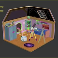 Toy House Interior With Pink Walls Blue Cabinet Telescope And Purple Desk
