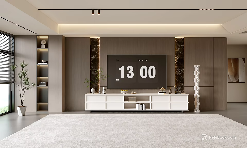 Modern Living Room Interior With TV Wall White Cabinet Green Plants And Light Carpet 3d model 