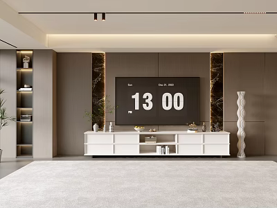 Modern Living Room Interior With TV Wall White Cabinet Green Plants And Light Carpet 3d model