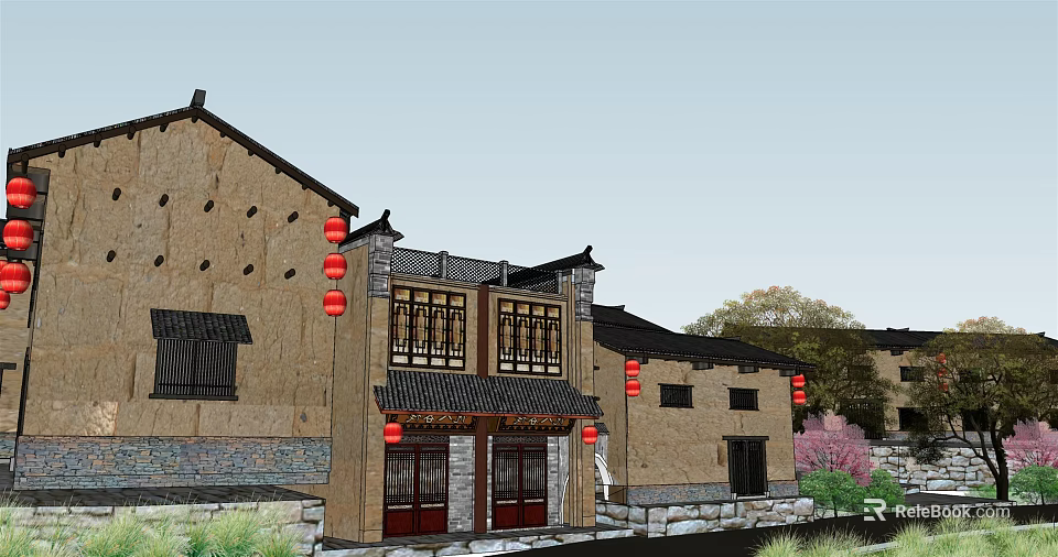Traditional Chinese Homestay Building With Earthen Walls Black Tiled Roofs And Red Lanterns 3d model 