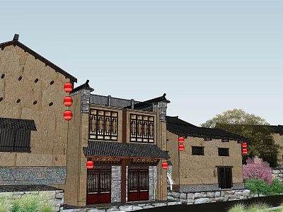 Traditional Chinese Homestay Building With Earthen Walls Black Tiled Roofs And Red Lanterns 3d model