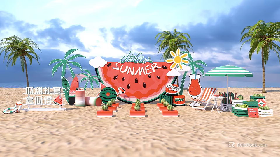 Summer Interactive Zone With Watermelon Decor Beach Umbrella And Lounge Chair 3d model 