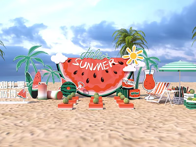 Summer Interactive Zone With Watermelon Decor Beach Umbrella And Lounge Chair 3d model