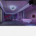KTV Lounge Interior With Illuminated Moon Purple Blue Lighting And Radial Neon Lines