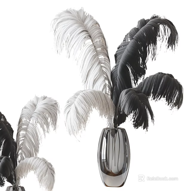 Elegant Transparent Glass Vase With Black And White Feather Like Flowers 3d model 