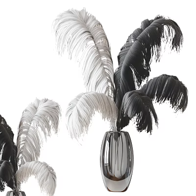 Elegant Transparent Glass Vase With Black And White Feather Like Flowers 3d model