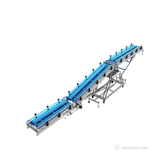 Blue Industrial Conveyor Belt With Metal Frame And Mobile Wheels For Material Transportation 3d model 