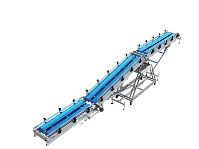 Blue Industrial Conveyor Belt With Metal Frame And Mobile Wheels For Material Transportation 3d model