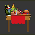 Colorful Toy Food Display On Table With Banana Watermelon Cake Ice Cream Cups And Drinks