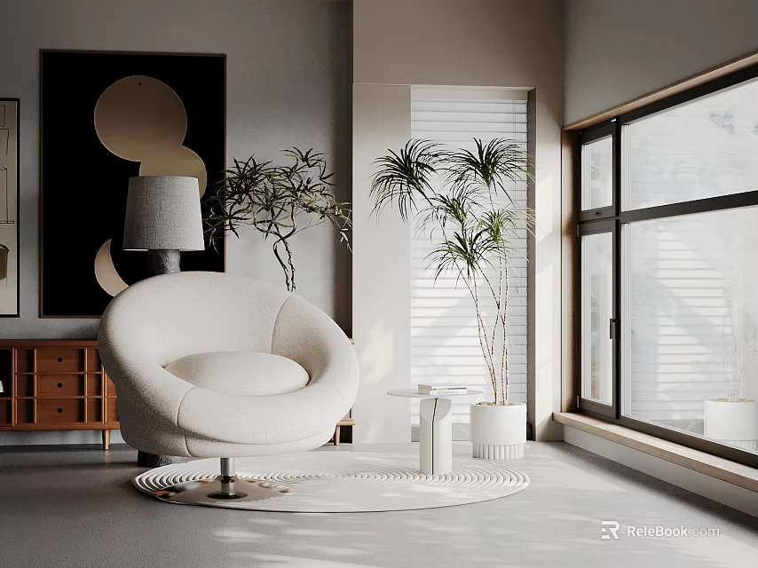 White Round Accent Chair in Modern Minimalist Space with Green Plants and Natural Light 3d model 