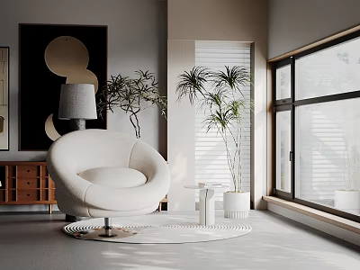White Round Accent Chair in Modern Minimalist Space with Green Plants and Natural Light 3d model