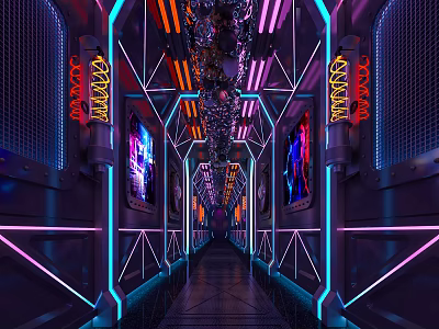 KTV Corridor With Neon Lights Glowing Signs Screens And Modern Tech Inspired Style 3d model