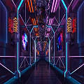 KTV Corridor With Neon Lights Glowing Signs Screens And Modern Tech Inspired Style