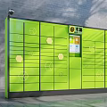 Green Public Smart Locker Facility With Digital Screen And Geometric Package Storage Compartments 3d model