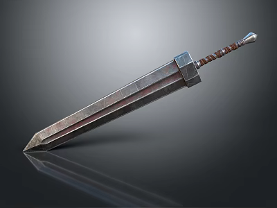 Ancient Metal Sword with Textured Blade and Wrapped Hilt on Reflective Surface 3d model