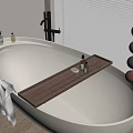 Modern White Bathtub Interior With Wooden Shelf Bath Products And Colorful Spheres