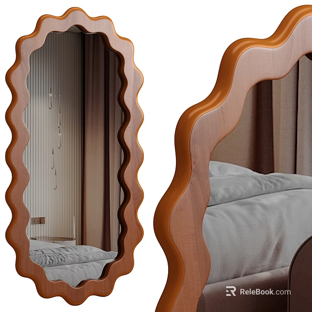 Mirror With Wavy Wooden Frame Reflecting Bedroom Bed Curtains Lights 3d model 