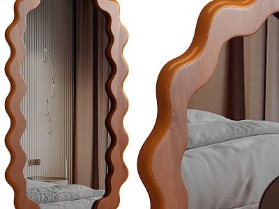 Mirror With Wavy Wooden Frame Reflecting Bedroom Bed Curtains Lights 3d model