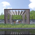 Modern Wooden Pergola Surrounded by Green Plants Water Pool With Table Chairs Under White Clouds