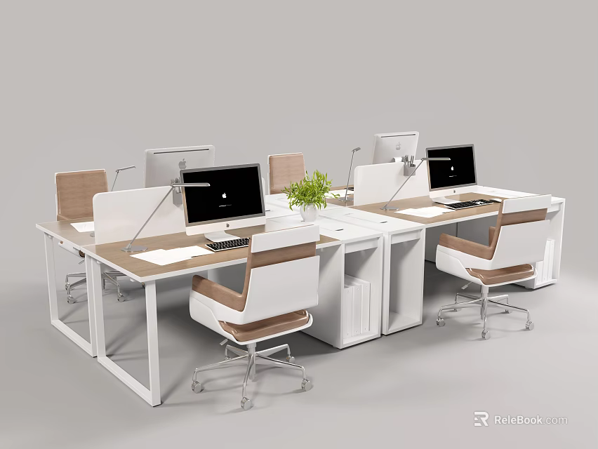 Modern Office Desk with Partitioned Workstations Desktop Computers Ergonomic Chairs and Green Potted Plant 3d model 