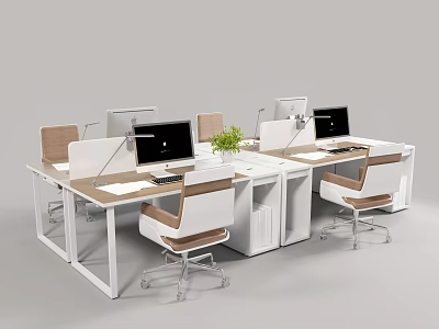 Modern Office Desk with Partitioned Workstations Desktop Computers Ergonomic Chairs and Green Potted Plant 3d model