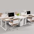 Modern Office Desk with Partitioned Workstations Desktop Computers Ergonomic Chairs and Green Potted Plant
