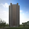 Modern High Rise Residential Building With Green Trees And Blue Sky White Clouds