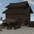 Traditional Commercial Complex With Wooden Structure Black Tiled Roof Stalls And Wooden Barrels