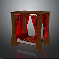 Wooden Four Poster Bed With Red Curtains And Red Gold Patterned Mattress