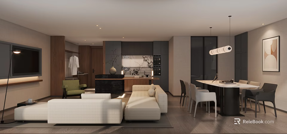 Modern Open Concept Living And Dining Room With Warm Cozy Wood Texture Interior Design 3d model 