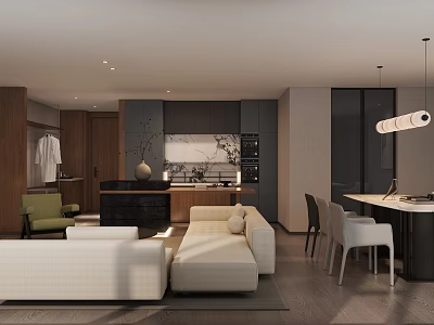 Modern Open Concept Living And Dining Room With Warm Cozy Wood Texture Interior Design 3d model