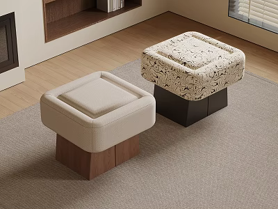 Modern Square Ottomans with Patterned and Solid Upholstery and Wooden Black Bases 3d model