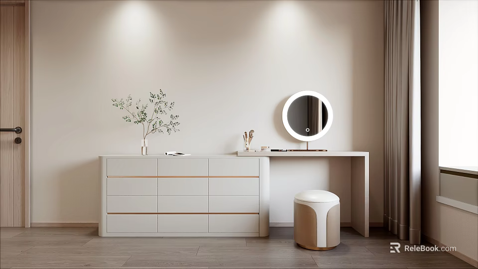 Modern Minimalist White Dressing Table With Round Mirror And Stool 3d model