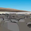Road Facilities Featuring Wooden Walkway Surrounding Stones And Modern Building
