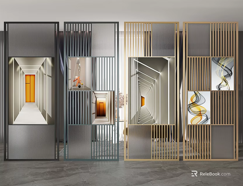 Modern Room Dividers With Metal Frames Glass Panels And Geometric Patterns 3d model