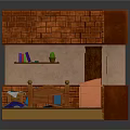 Colorful Cartoon Room Scene with Brick Wall Bed Shelf Wardrobe Desk And Scattered Toys