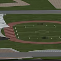 Outdoor Football Field With Green Grass White Lines Red Track And White Roofed Stands
