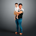 Man Wearing Jeans And Slippers Holding Child Against Gray Background