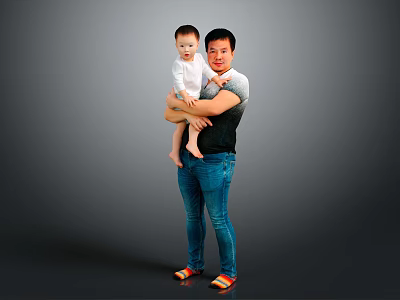 Man Wearing Jeans And Slippers Holding Child Against Gray Background 3d model