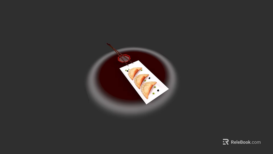 Delicious Dumplings On White Plate With Red Spoon And Light Circle On Black Background 3d model 
