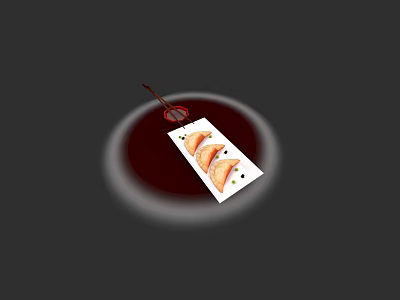 Delicious Dumplings On White Plate With Red Spoon And Light Circle On Black Background 3d model