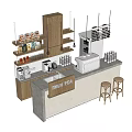 Milk Tea Bar Counter with Various Drinks on Wooden Shelves and Stools