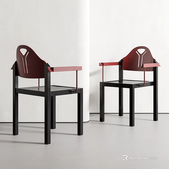 Modern Red and Black Dining Chairs with Geometric Backrest Armrests and Sturdy Frame 3d model