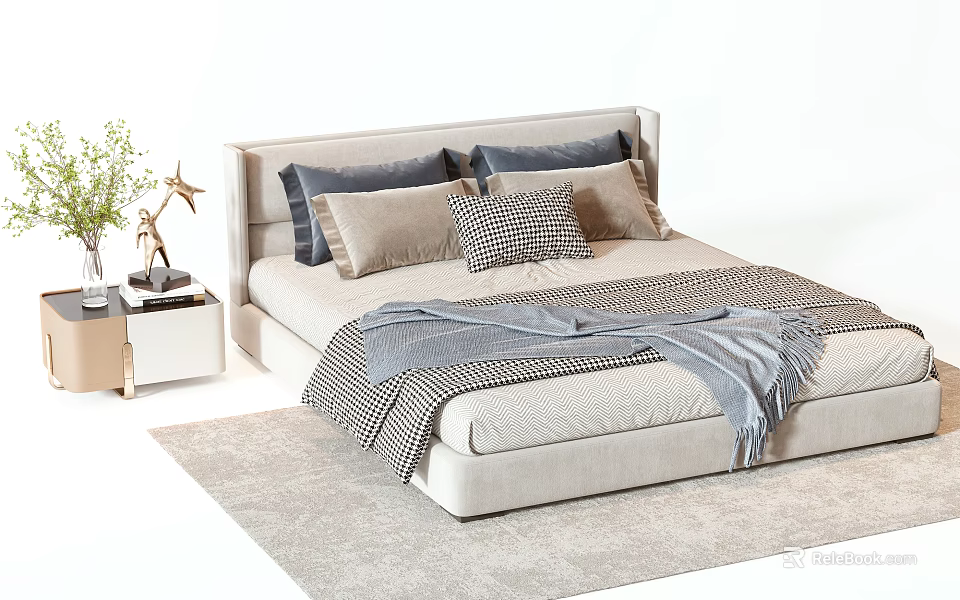 Modern Double Bed With Upholstered Headboard Multiple Pillows Throw Blanket Nightstand Vase And Area Rug 3d model 