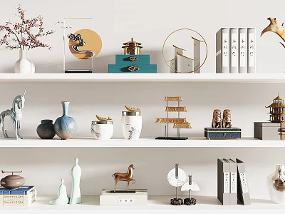 Elegant Ornamental Decorations Set on Shelf with Ceramic Vase Horse Sculpture Round Decor and Books 3d model