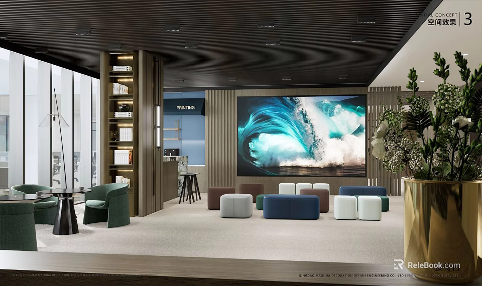 Modern Lounge Area With Open Space Large Screen Sofas Green Plants And Bookshelves 3d model