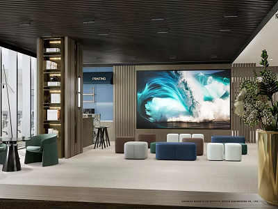 Modern Lounge Area With Open Space Large Screen Sofas Green Plants And Bookshelves 3d model