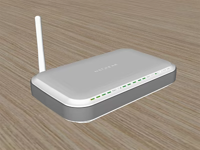 D-Link High Speed Router With Single Antenna And Multiple Ethernet Ports On Wooden Table 3d model