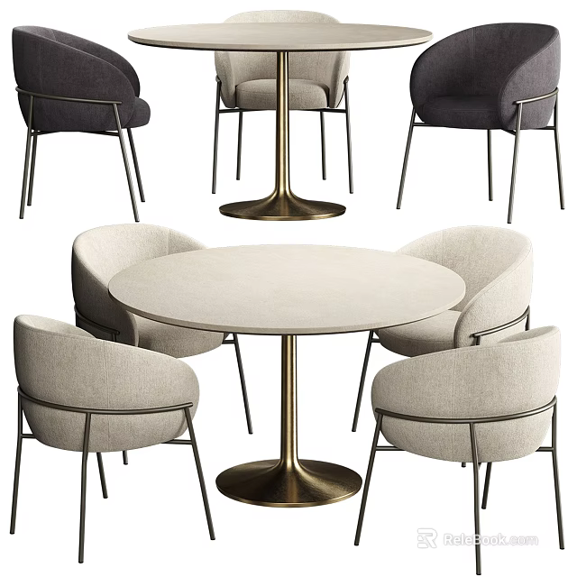 Modern Round Dining Table And Chairs Set With Upholstered Seats And Metal Legs 3d model 